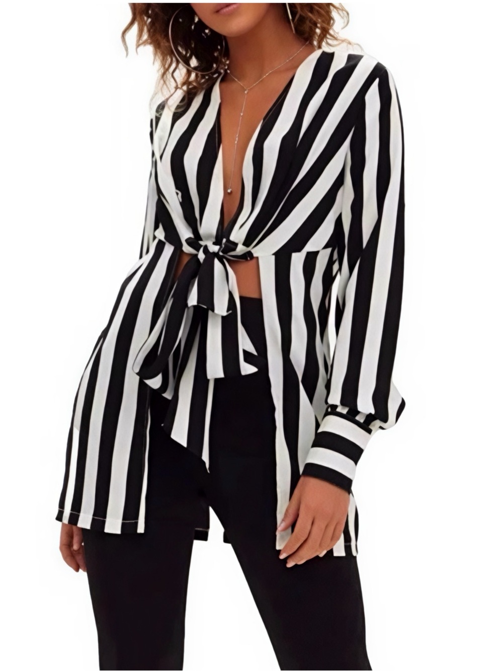 PrettyLittleThing | Monochrome Striped Tie Front Hi Lo Blouse